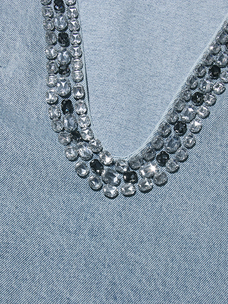 Elegant Crystal Embellished Sleeveless Denim Dress