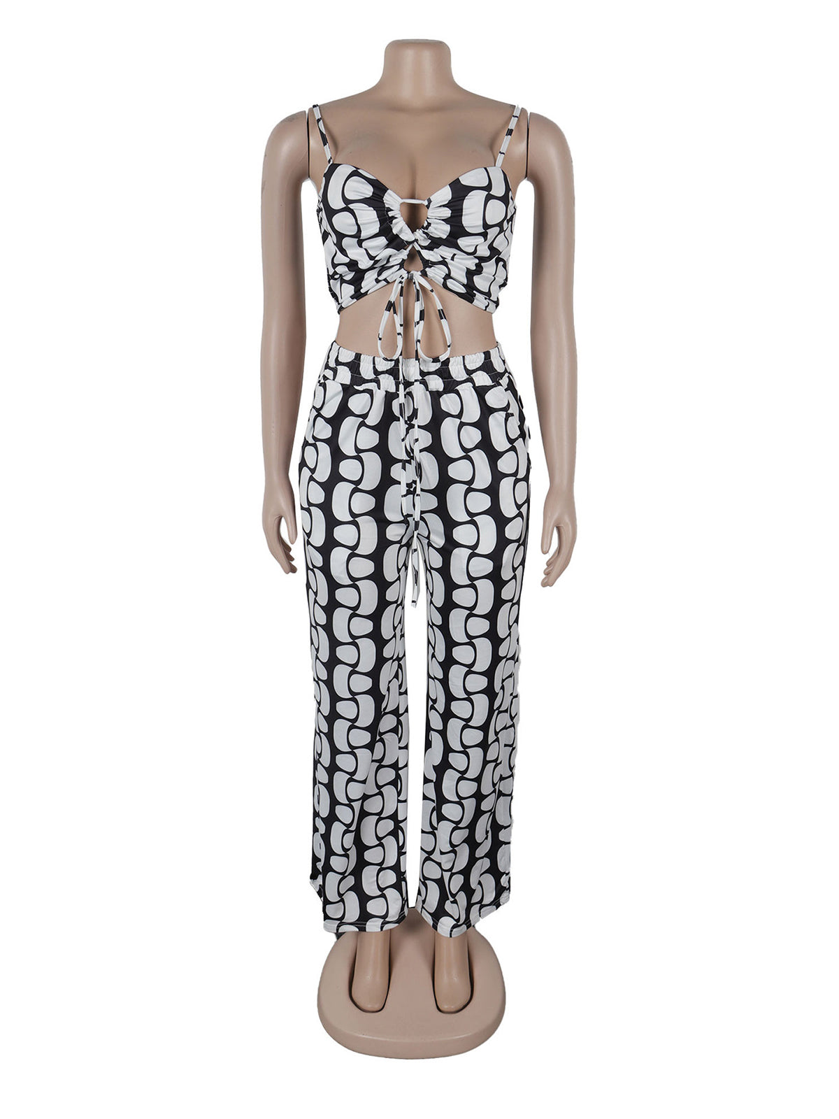 Casual Print Bandage Crop Top and Pant Sets