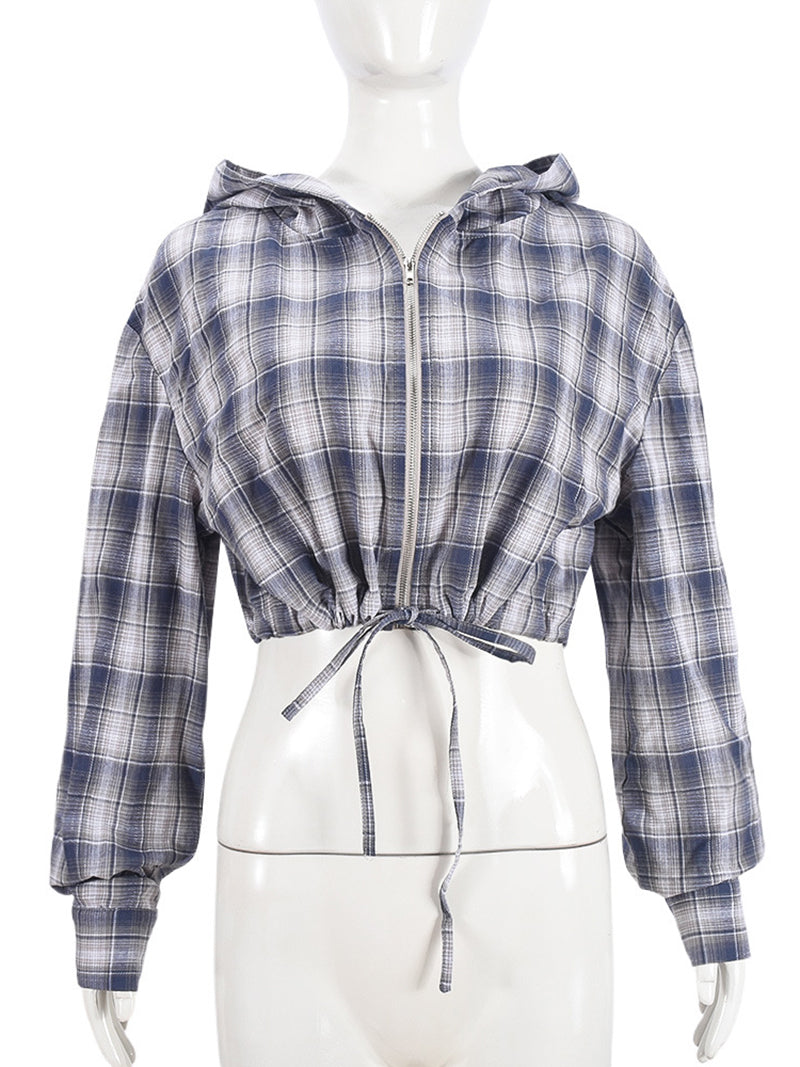 Plaid Drawstring Hooded Cropped Zipper Shirt