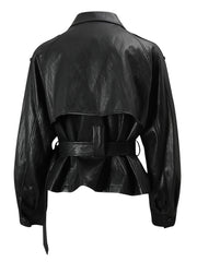Fashion Long Sleeve Belted Faux Leather Jacket