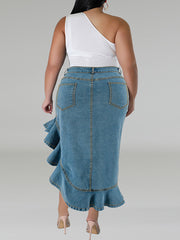 Plus Size High Waist Ruffles Denim Skirt