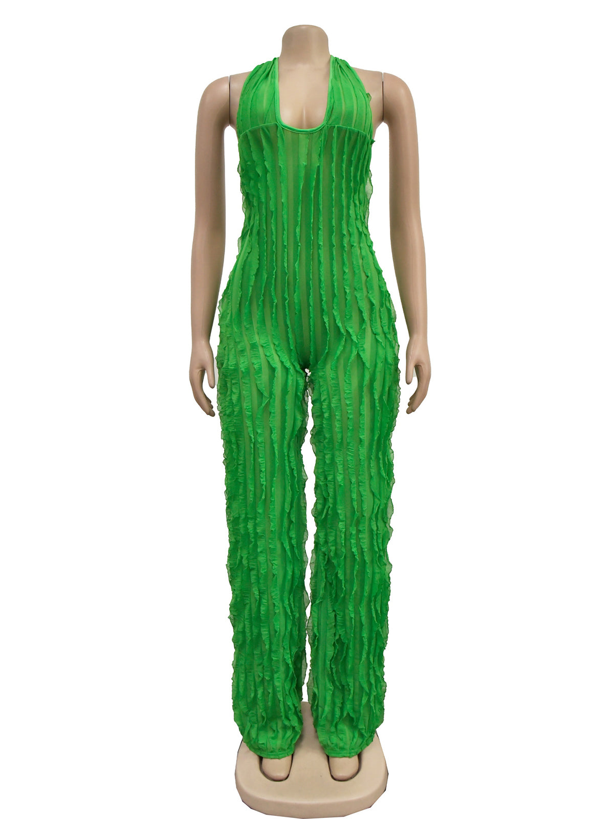 Sexy V Neck Pleat Halter See through Jumpsuit