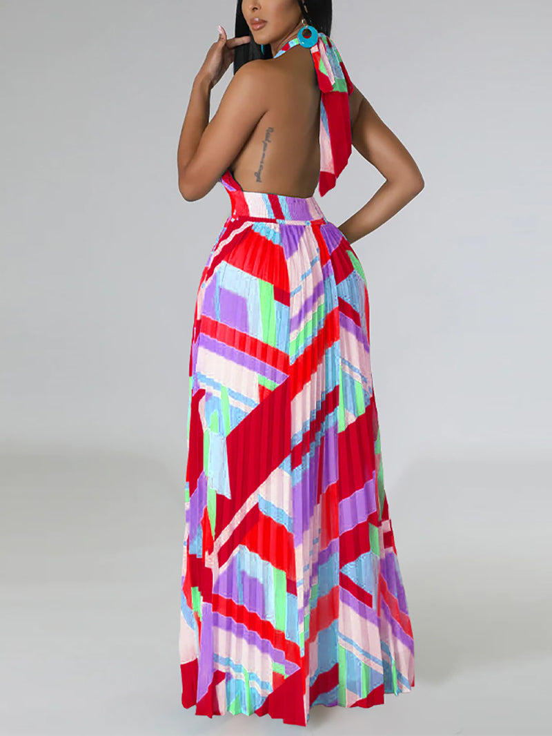 Sexy Halter Backless Pleat Print Dress