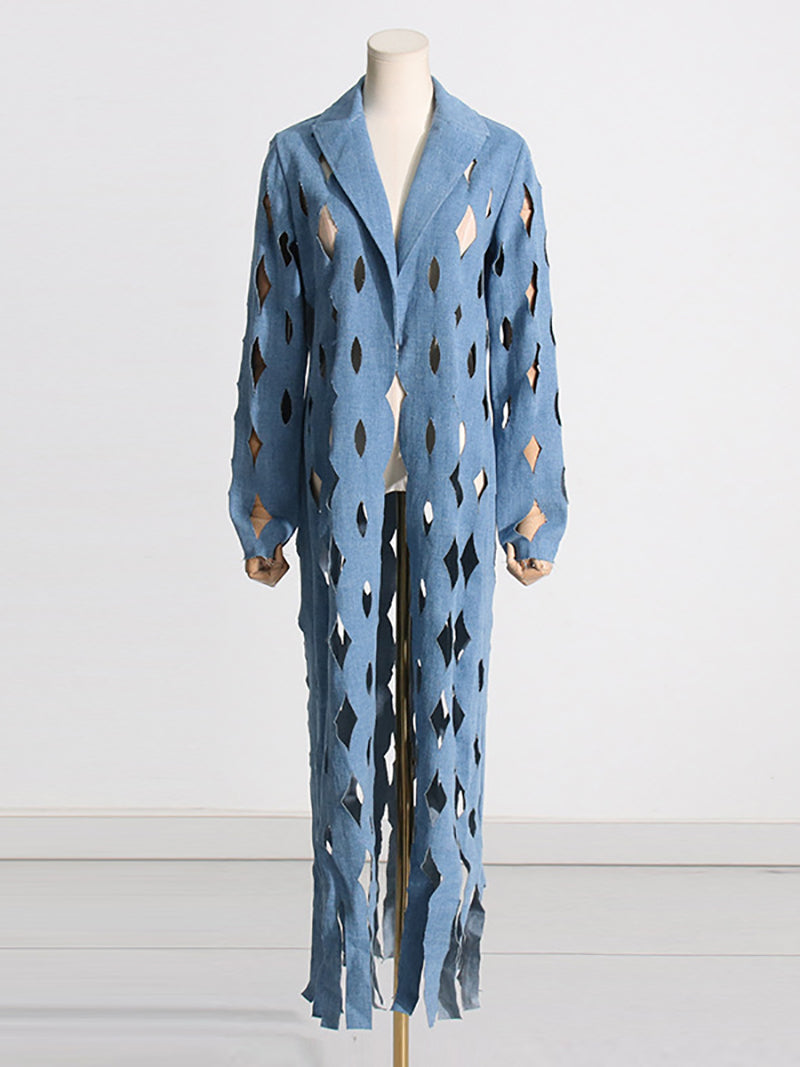 Casual Solid Hollow Out Denim Jacket Coat