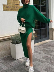 Fashion Turtleneck Pullover Top Slit Skirt Set