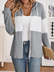 Casual Ribbed Knit Hooded Zip Cardigan