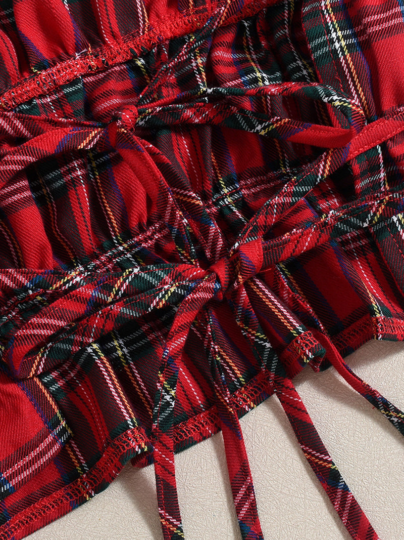 Sexy Backless Lace-up Low Waist Plaid Mini Skirt Set