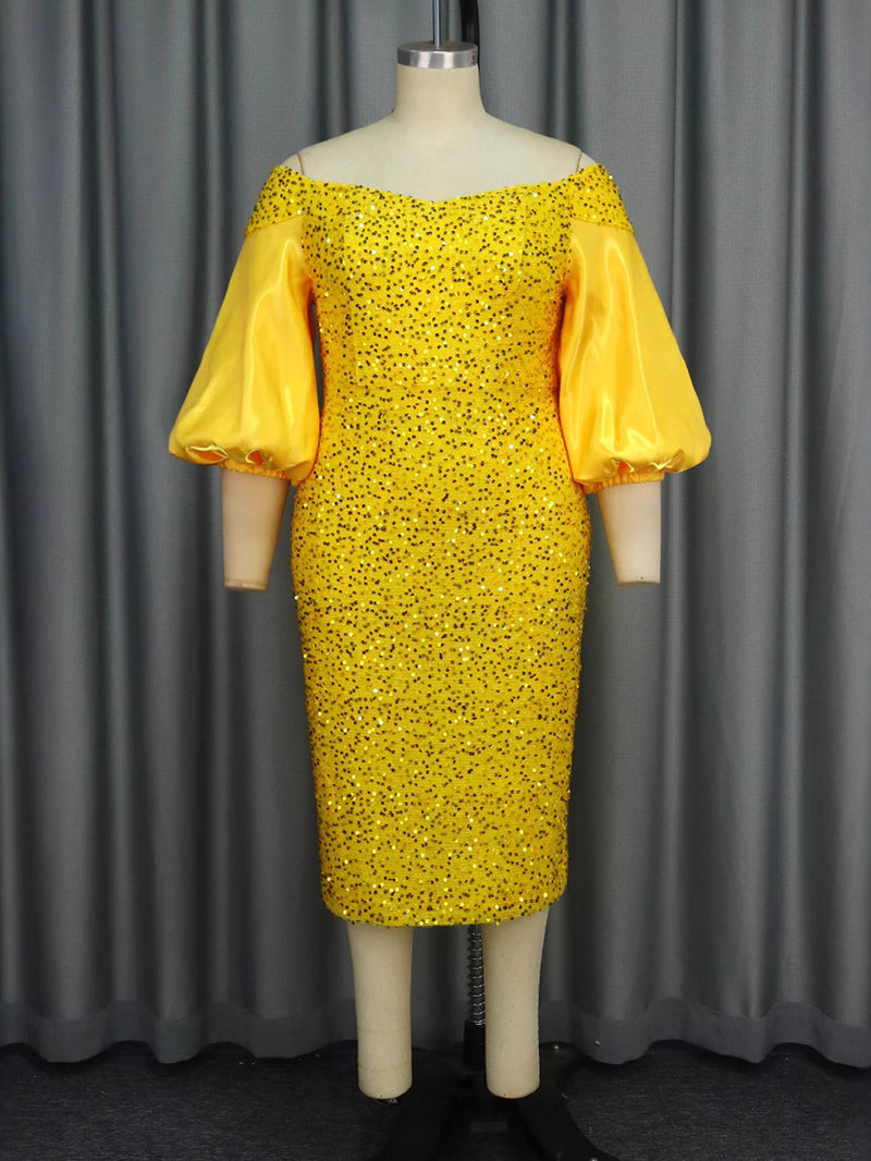 Elegant Off Shoulder Sequin Puff Sleeve Party Mid Dress