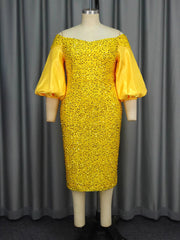Elegant Off Shoulder Sequin Puff Sleeve Party Mid Dress