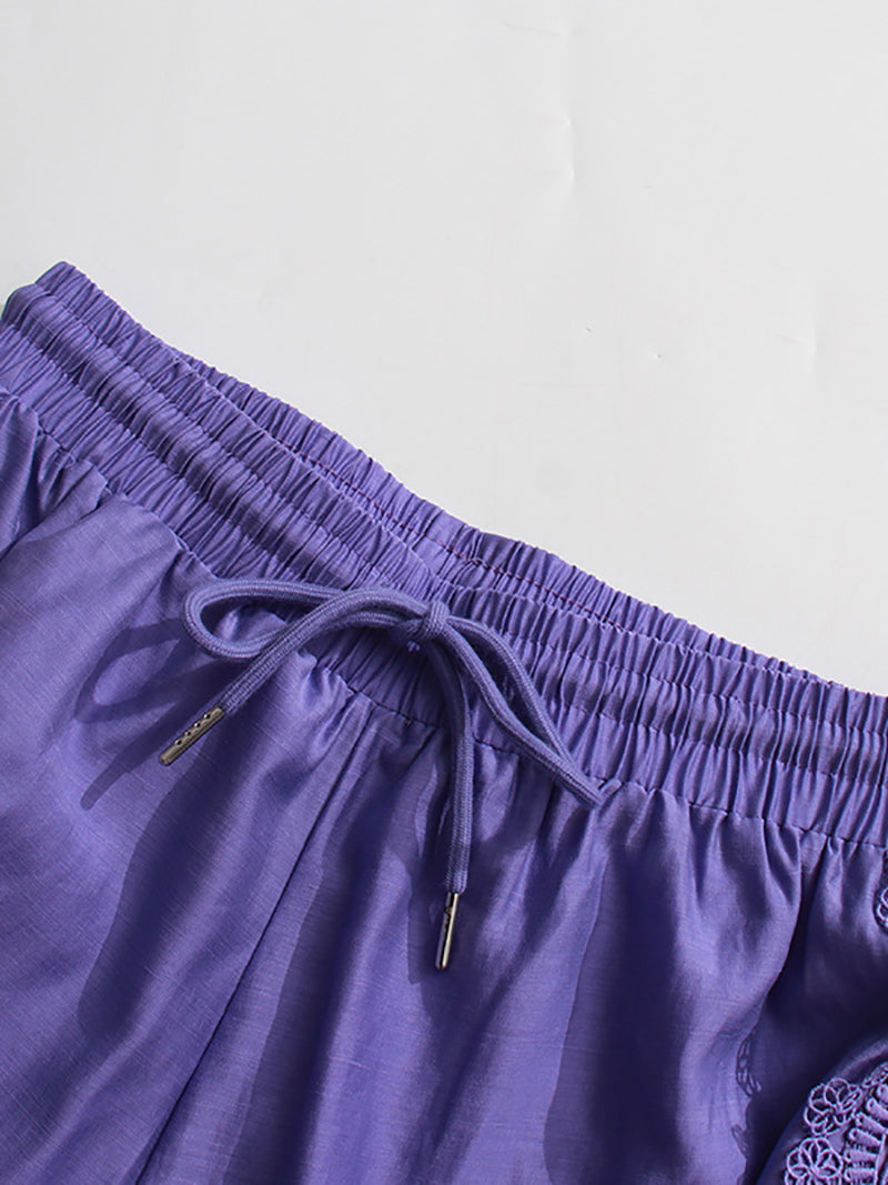 Patchwork Lace Embroider T-shirt Wide Leg Pant Sets