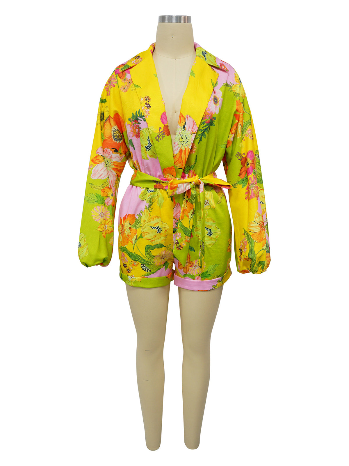 Flower Print Long Sleeve Belted Romper