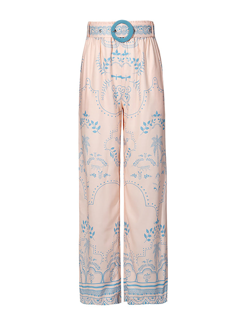 Print Puff Short Sleeve Shirt And Straight Pants Set