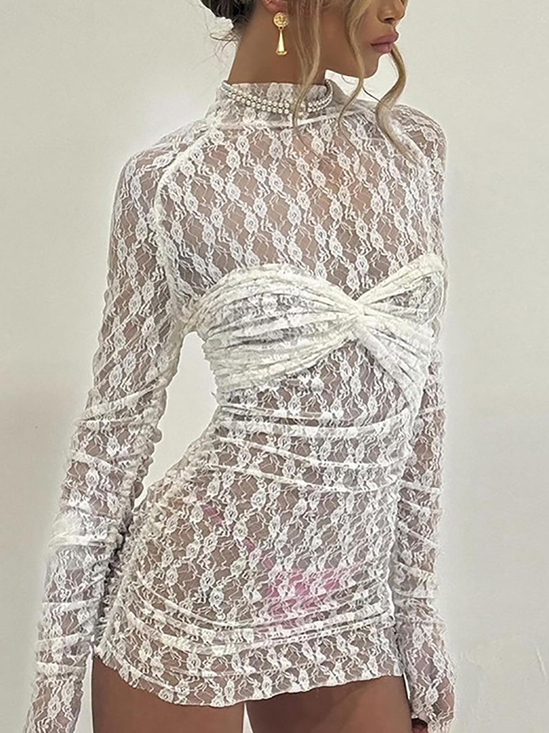 Sexy Long Sleeve Lace See through Bodycon Mini Dress