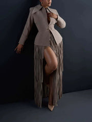 Fitted Blazer and Fringe Maxi Skirt Set-boutique
