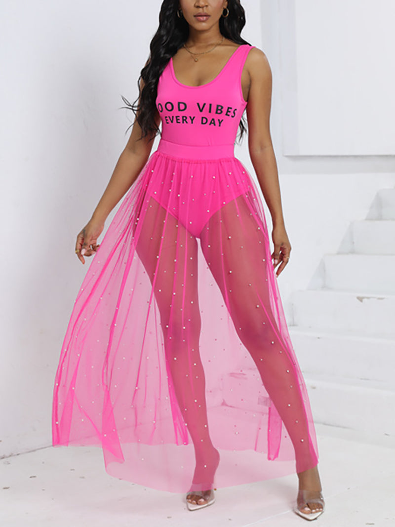 Bodysuit See-Through Mesh Beach Skirt Two-piece Set