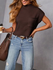 Casual Mock Neck Short Sleeve Ribbed Knit Sweater