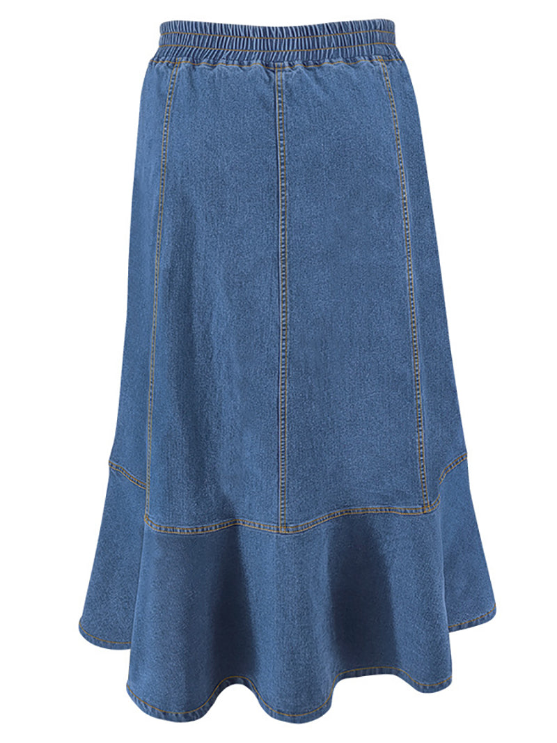 Fashion Elastic Waist Patchwork Denim Skirt