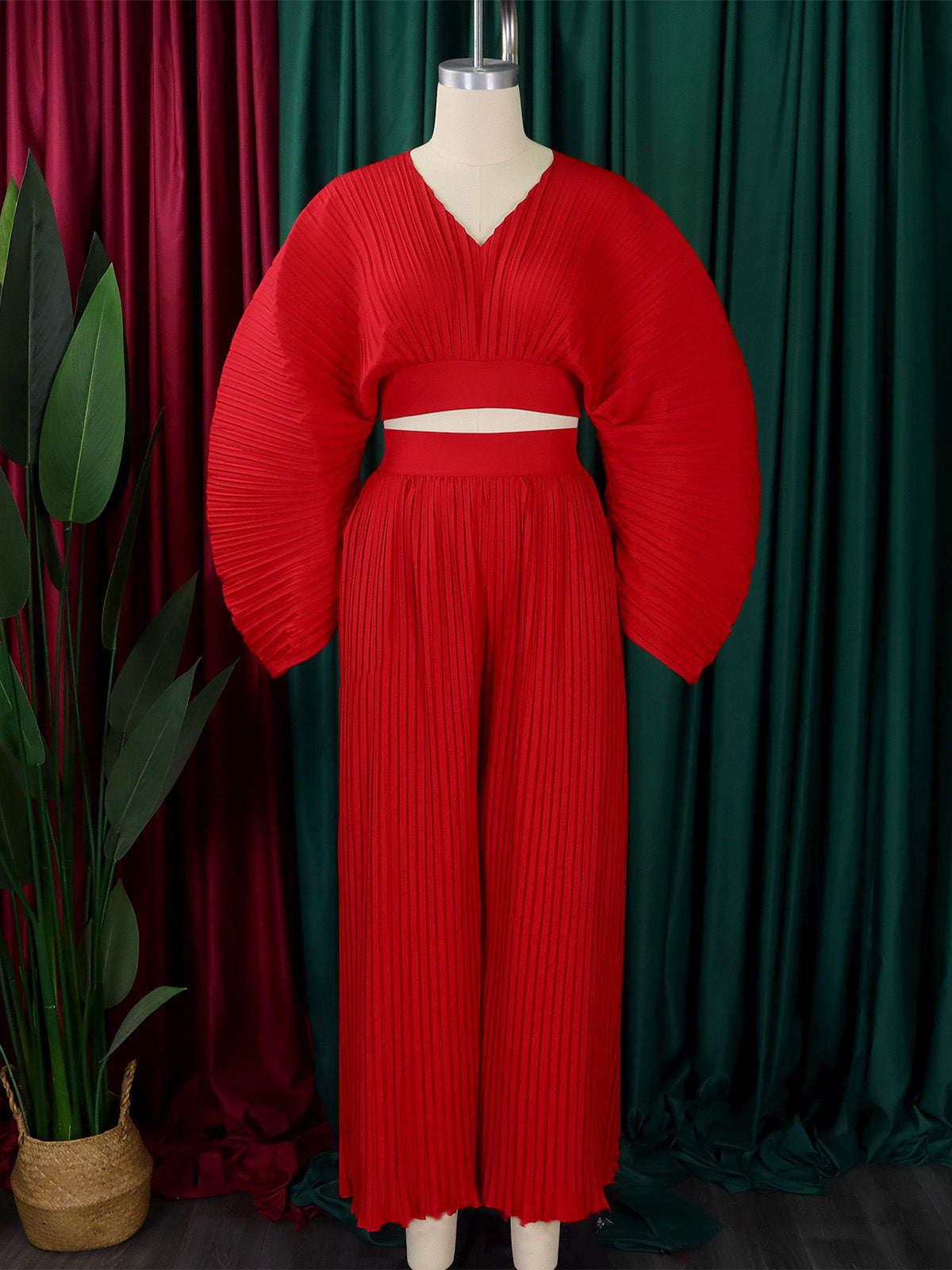 Fashion Loose Pleat Top Wide Leg Trousers Sets