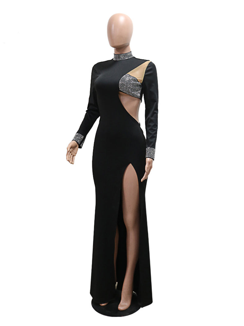 Sexy Hollow Out Rhinestones High Split Maxi Dress