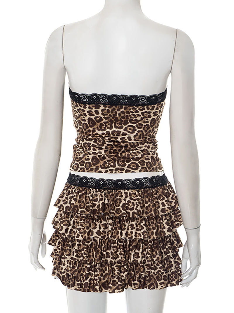 Leopard Print Lace Strapless Top Tiered Mini Skirt Sets
