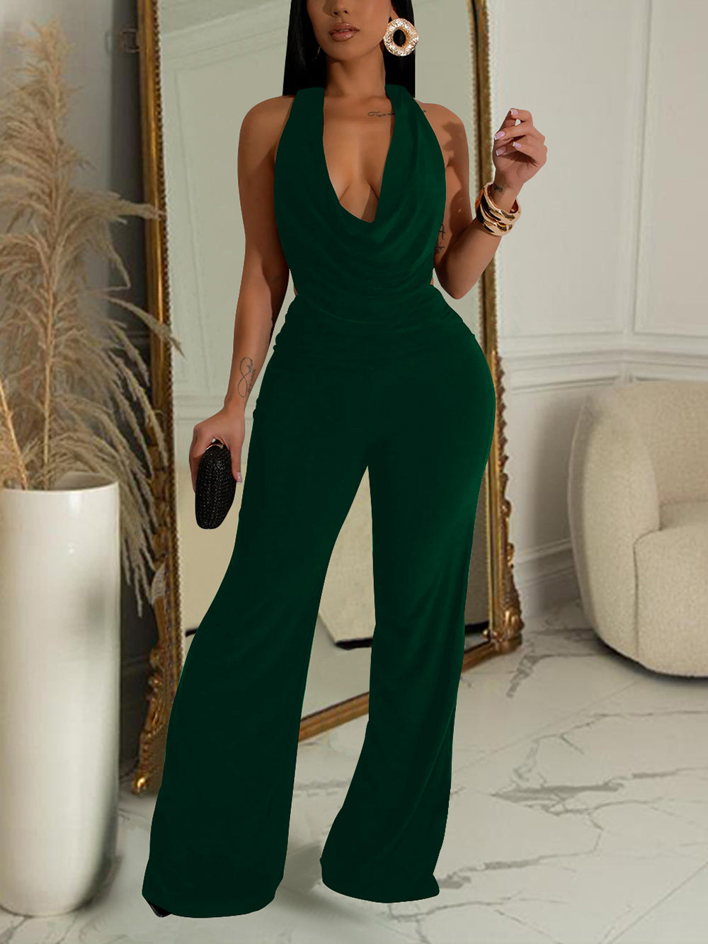 Halter Wing Neck Backless Wide Leg Jumpsuits