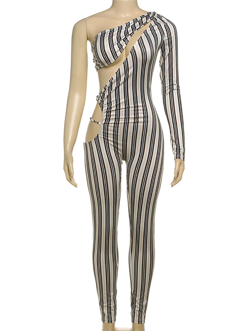 Sexy Stripe One Shoulder Hollow Out Jumpsuit