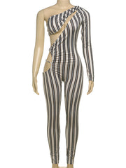 Sexy Stripe One Shoulder Hollow Out Jumpsuit