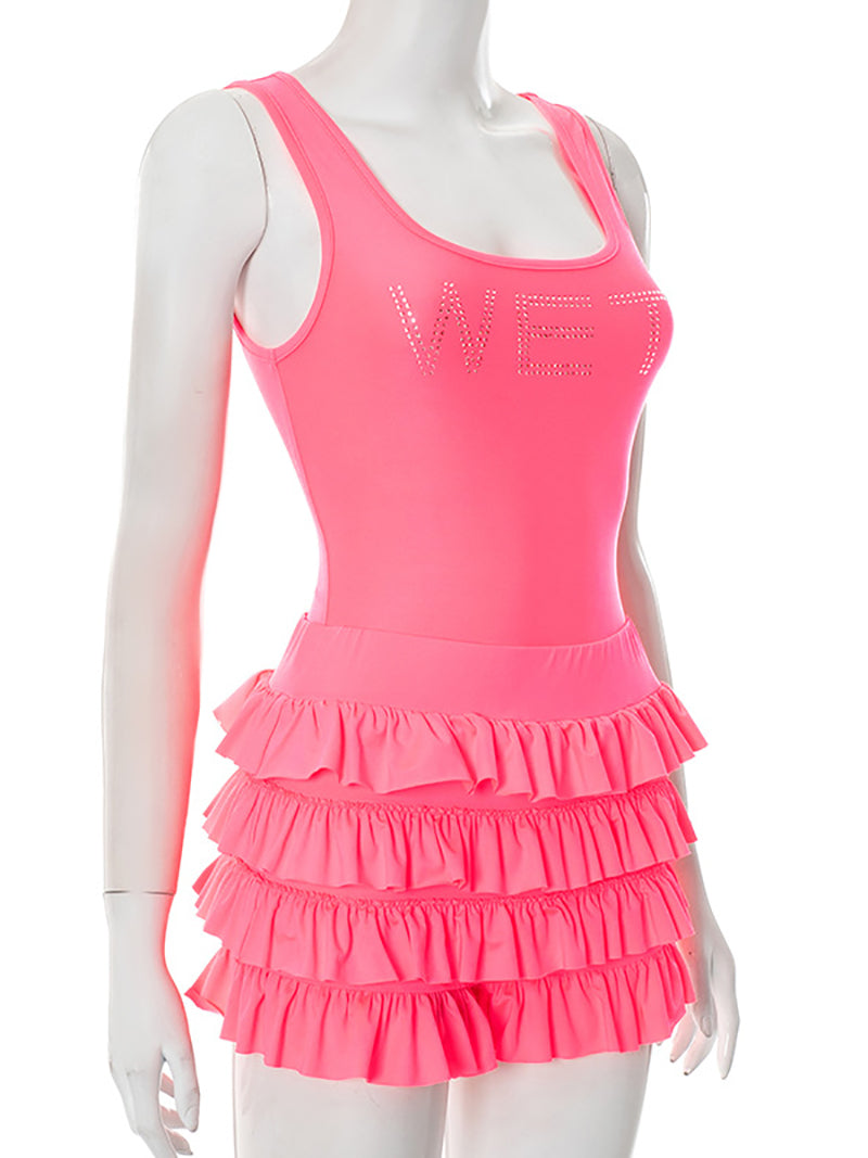 Rhinestone Print Vest And Shorts Casual Set