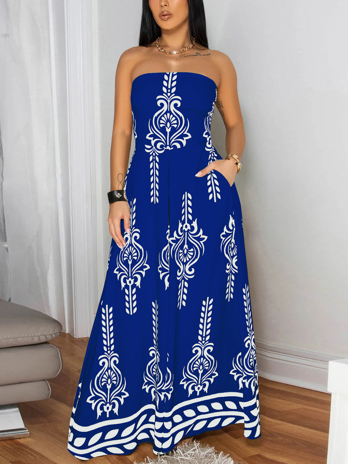 Fashion Print Strapless Wide Leg Jumpsuit