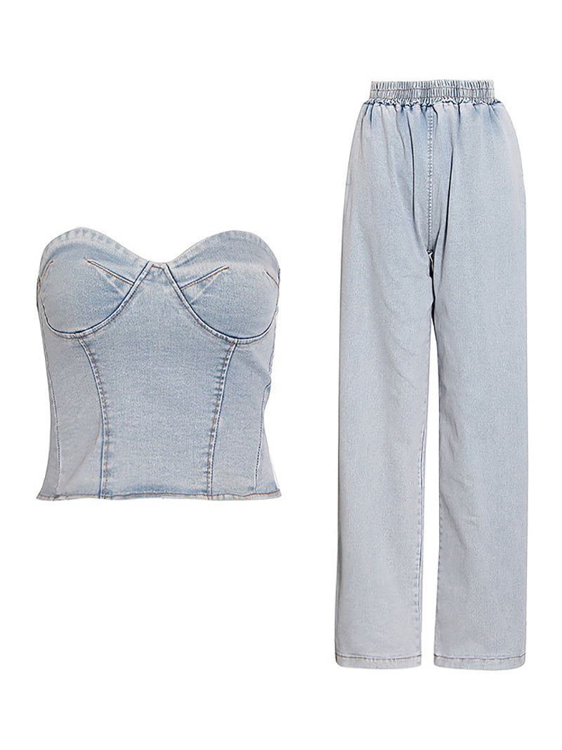 Sexy Denim Corset Top Jeans Two Piece Set