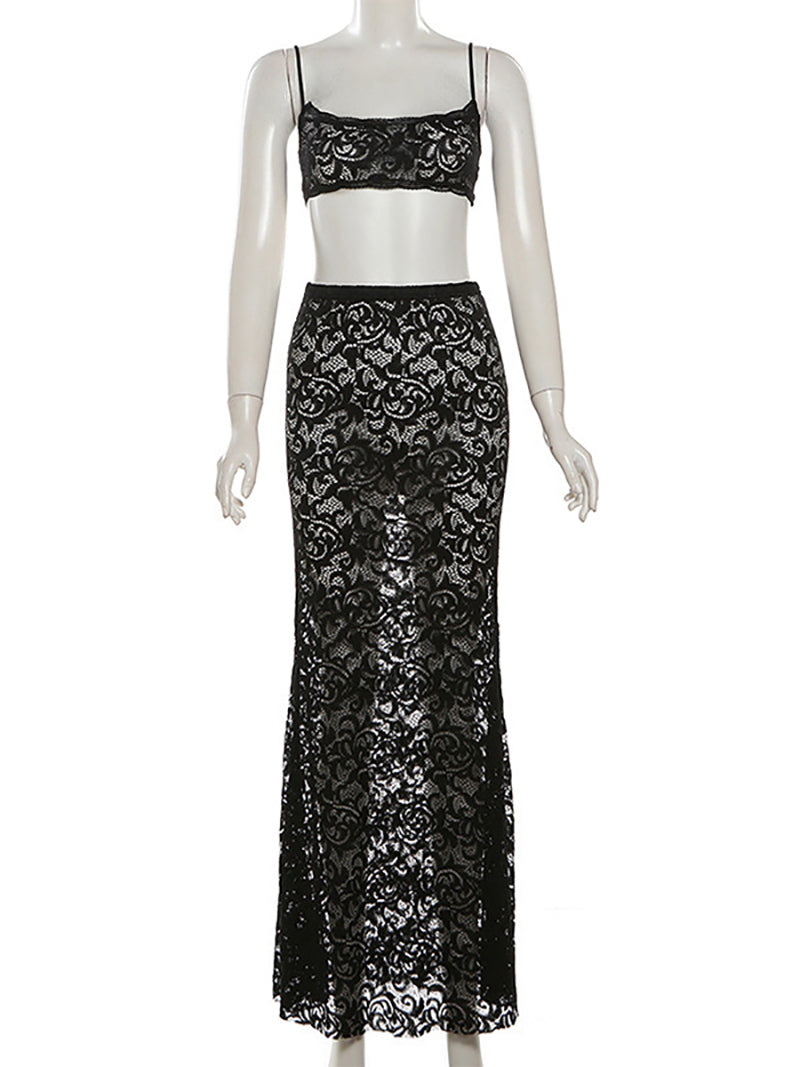 Sexy Lace See Through Hollow High Waist Maxi Skirt Set