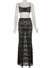 Sexy Lace See Through Hollow High Waist Maxi Skirt Set