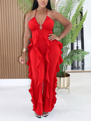 Halter V Neck Ruffle Wide Leg Jumpsuit