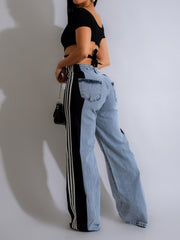 Newest Patchwork Stripe Elastic High Waist Jeans