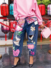 Fashion High Waist Rhinestone Print Ripped Jeans