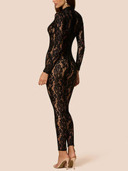 Sexy Jacquard Lace See Through Tight Jumpsuit