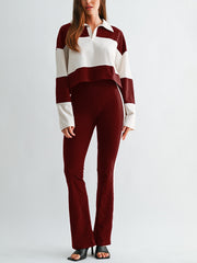 Color Block Polo Top and Flare Pants Set