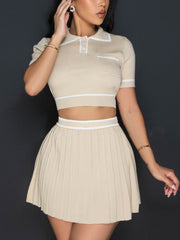 Knit Short Sleeve Crop Tops And Pleated Mini Skirt Sets