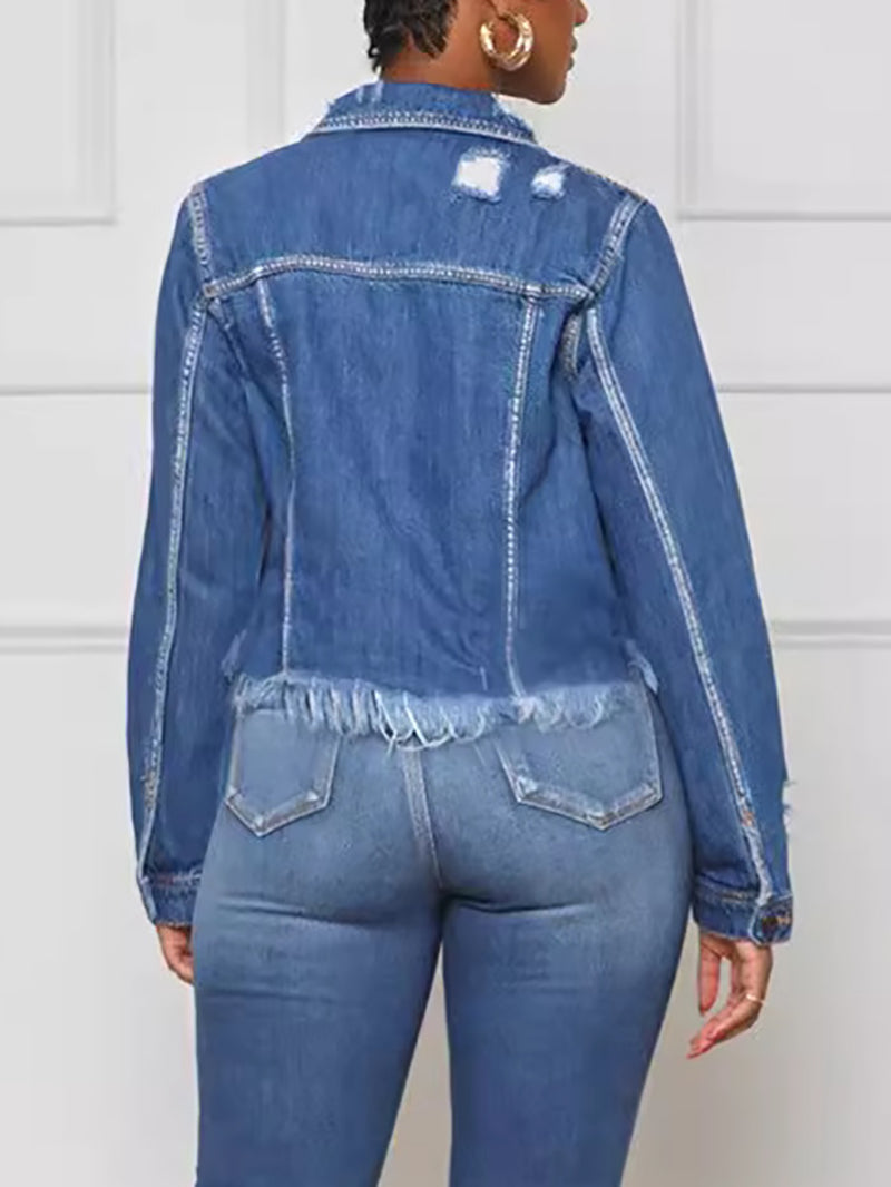 Casual Fringe Button Ripped Denim Jacket