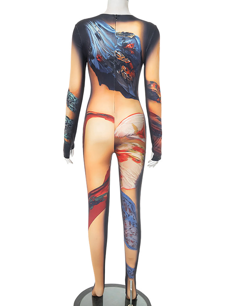 Sexy Round Neck Print Tight Jumpsuit