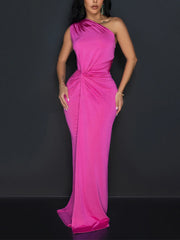 Solid color Slash Shoulder Sleeveless Slim Long Dress