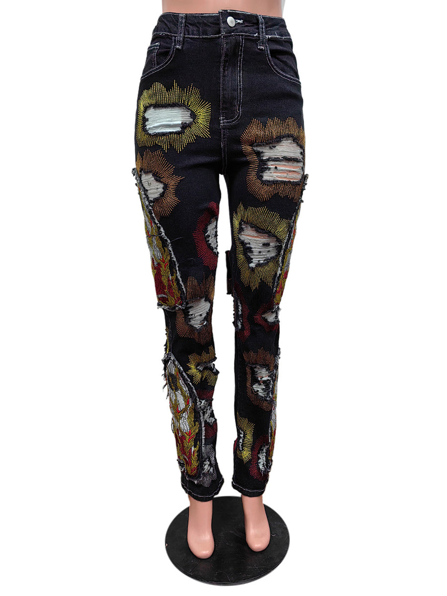 Fashion Ripped Embroider Straight Jeans