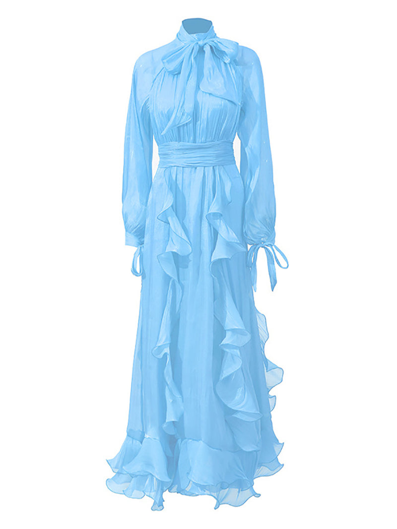 Elegant Lantern Sleeve Ruffle Cinched Waist Maxi Dress