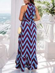 Sleeveless Wavy Striped Print Lace-up Maxi Dress