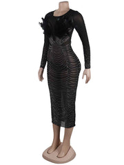 Sexy Rhinestone See Through Feather Bodycon Dress