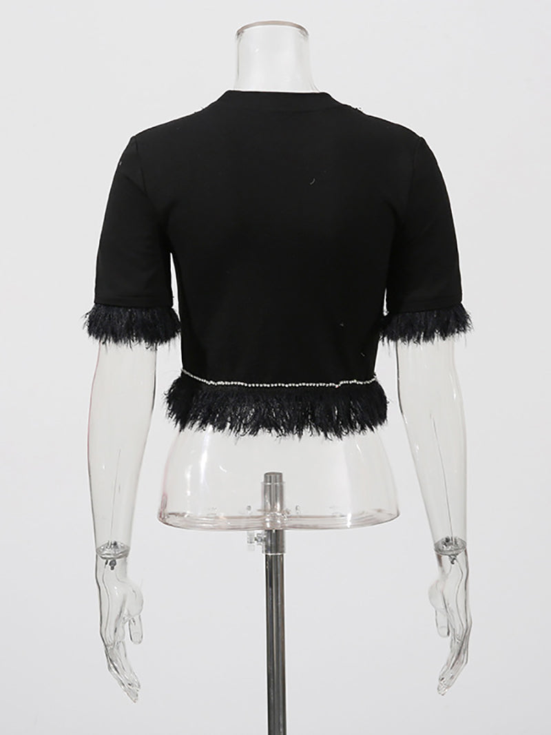 Elegant Round Neck Spliced Diamond Tassels T-shirt