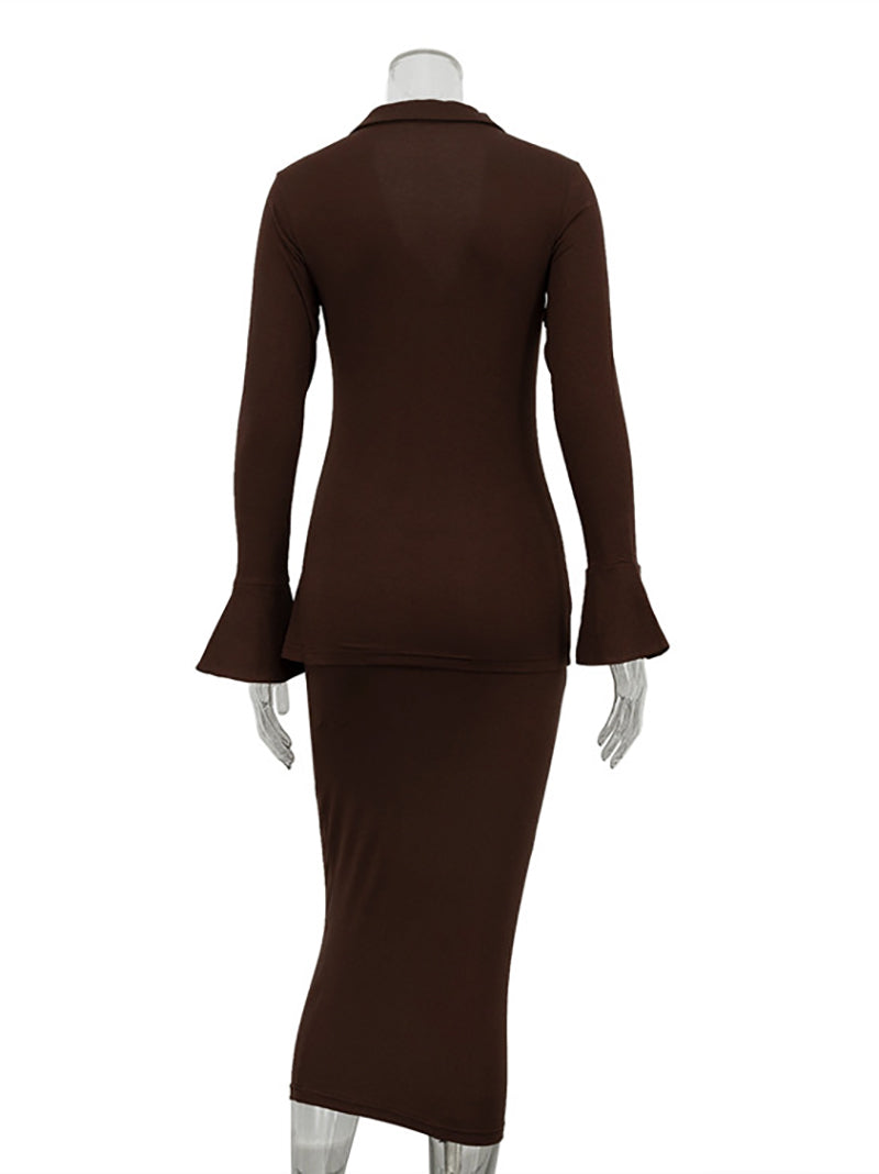 Casual Flared Sleeve Blouse Office Skirt Two Piece Set