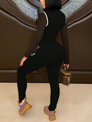 Casual Zipper Crop Top Tight Pants Sports Two Pieces
