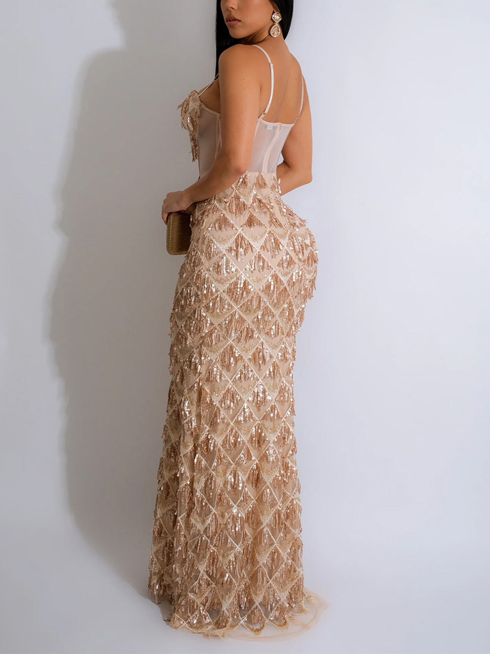 Sexy Sequin Sheer Mesh Spaghetti strap Party Long Dress