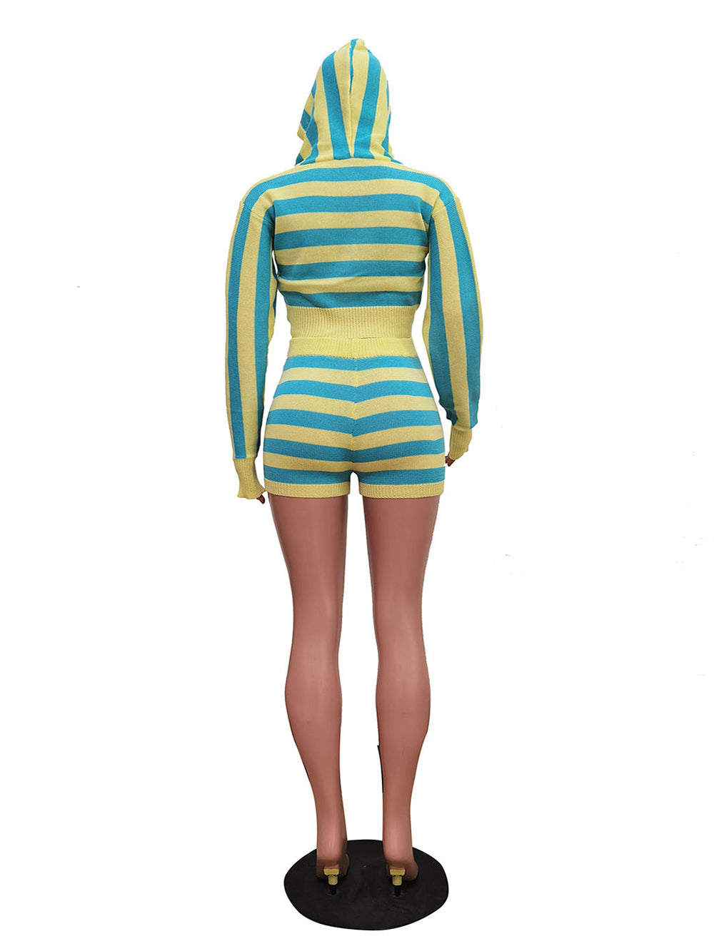Casual Stripe Patchwork V Neck Hooded Two Piece Set